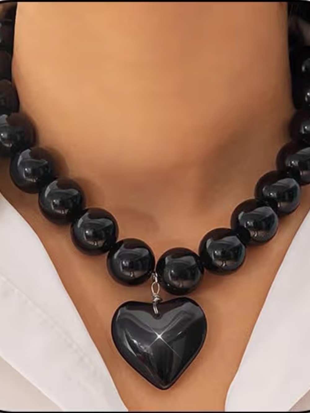 Black Chunky  Bead Necklace - Statement Heart Pendant Choker Y2K Goth Indie